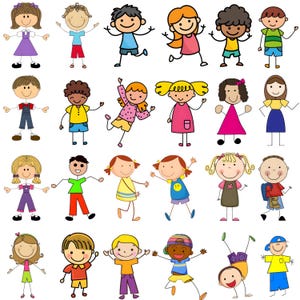 May include: A collection of cartoon children in various poses. The illustrations feature a variety of skin tones, hair colors, and clothing styles. Each child has a simple, smiling face and outstretched arms, creating a cheerful and playful vibe.