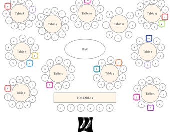 Planner per la disposizione dei tavoli per matrimoni, modello Canva modificabile