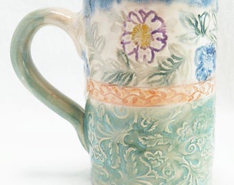 artisan floral ceramic coffee/tea mug 16oz stoneware CC16C054