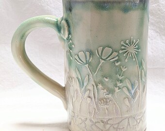 Sculpted wildflowers stoneware 16oz ceramic coffee/tea mug 16S032