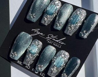 Blue Plum & Silver, Coffin, Reusable, Handmade press-on nails, K-Pop inspired, Korean Aesthetic, Exclusive with a tool set.