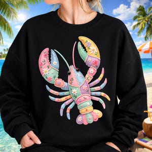 Patchwork Lobster Png, Coastal Summer Png, Floral Quilted Graphic, Faux Embroidered Ocean Design, Cottagecore Vacation, Digital Download png