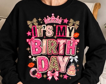 Preppy Birthday Girl PNG, Pink Leopard Coquette Collage Design, It’s My Birthday Shirt PNG, Trendy Birthday Sublimation Digital Download