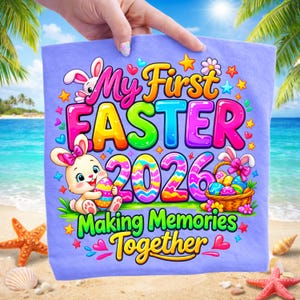 May include: A light purple Easter-themed towel with the text "My First Easter 2026 Making Memories Together." The design includes colorful letters, cartoon bunnies, Easter eggs, and a basket of eggs. The towel is held up by a hand.