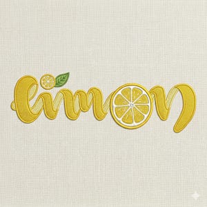 Disegno per ricamo con scritta "Limone", graziosa scritta "Limone" con fetta e foglia, file per ricamo a macchina con frutta estiva, 5 dimensioni, download immediato.