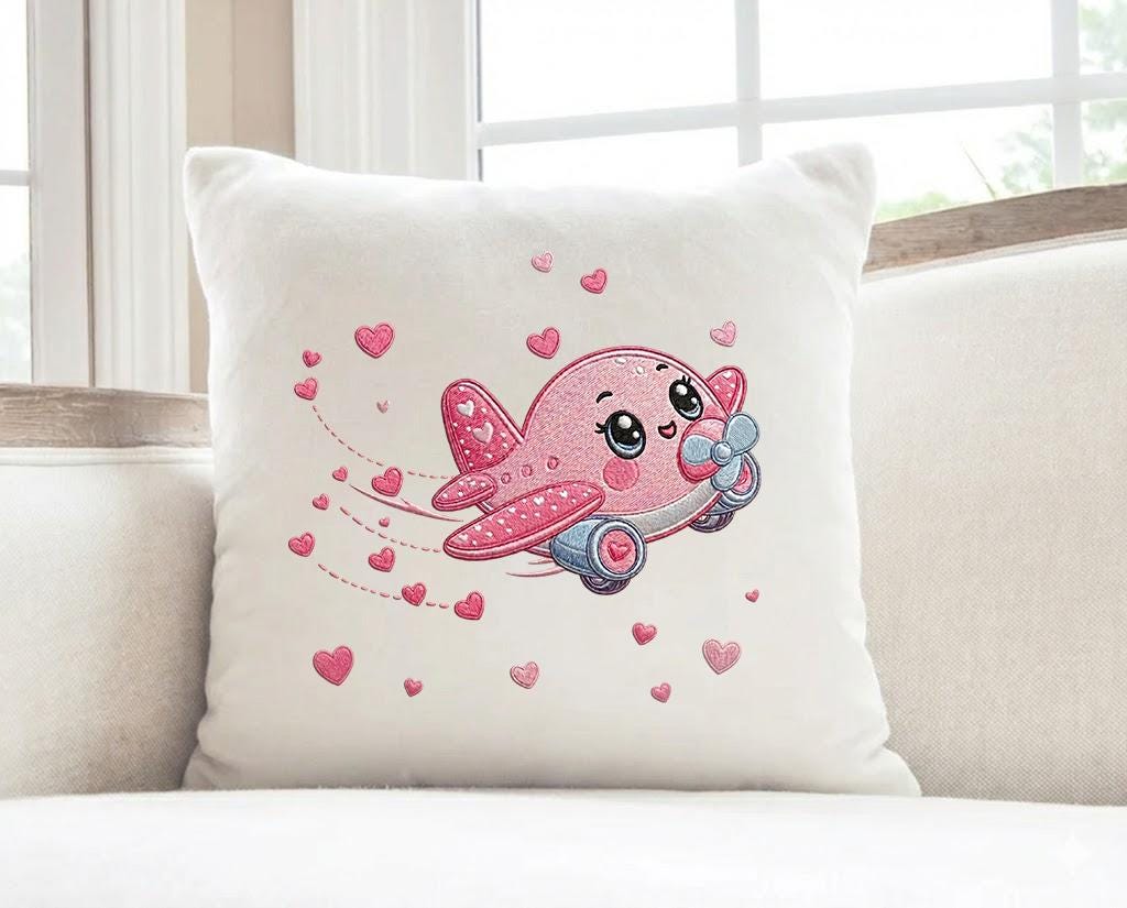 Cute Pink Airplane Embroidery Design, Kawaii Plane Machine Embroidery ...