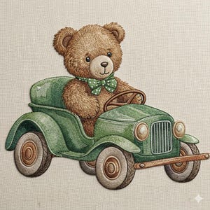 May include: Embroidered image of a brown teddy bear wearing a green bow tie, driving a vintage green car. The car has cream-coloured wheels and a wooden steering wheel. The image is on a beige fabric background.