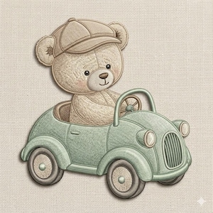 May include: An embroidered image of a teddy bear wearing a cap, driving a light green vintage car. The bear has a friendly expression and is holding the steering wheel. The car has round headlights and wheels.