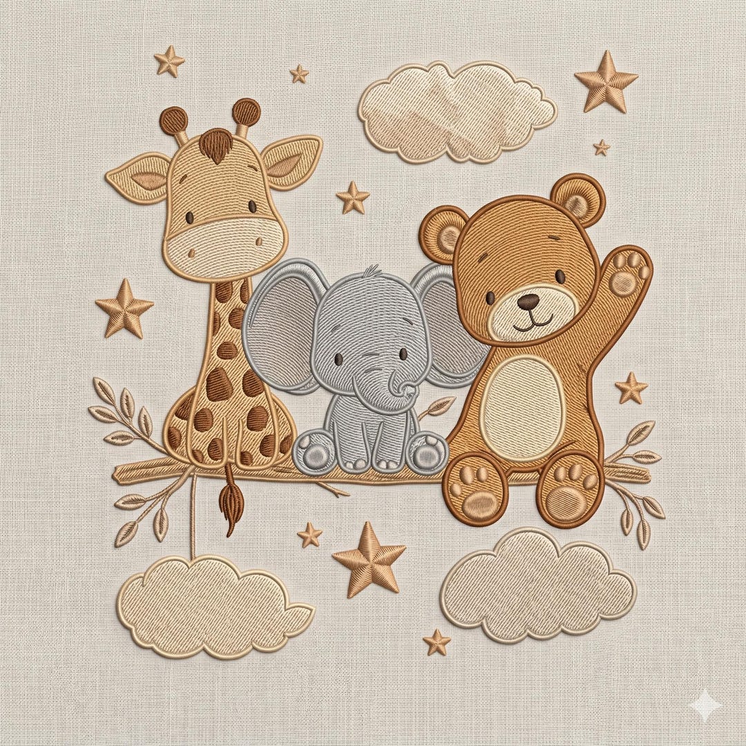 Neutral Safari Animal Embroidery Design, Giraffe Elephant Bear Nursery ...