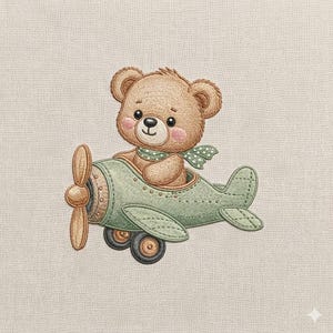 May include: A charming illustration of a teddy bear in a vintage-style airplane. The bear, with rosy cheeks and a green polka-dot scarf, sits in a light green plane with a propeller and wheels. The artwork is set against a neutral background.