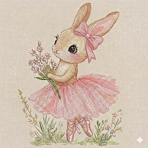 Broderidesign för kaninballerina, söt rosa tutu med blommor, maskinbroderifil, vårflickstygn, storlek 5, omedelbar nedladdning