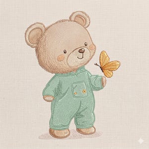 Op de afbeelding: Geborduurde illustratie van een teddybeer in een groene jumpsuit, met een klein zakje en een bloemdetail. Een gele vlinder zweeft in de buurt van de uitgestrekte hand van de beer. De beer heeft lichtbruine vacht en roze wangen.