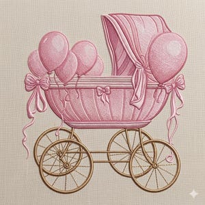 May include: Embroidered pink baby carriage with gold wheels and detailing. The design features pink balloons and bows. The image is set against a neutral background.