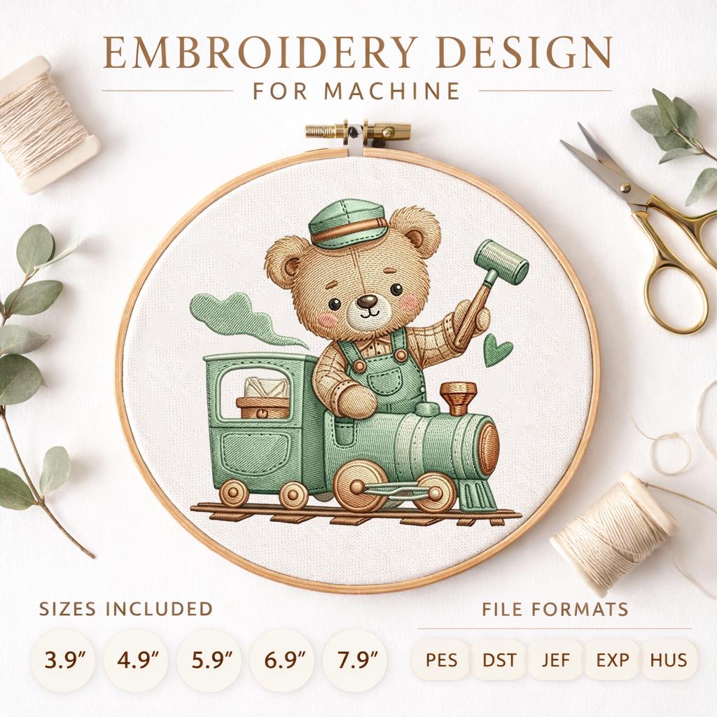 Path Train Teddy Cute Teddy Bear Train Embroidery Design, Baby Bear Conductor Locomotive ...