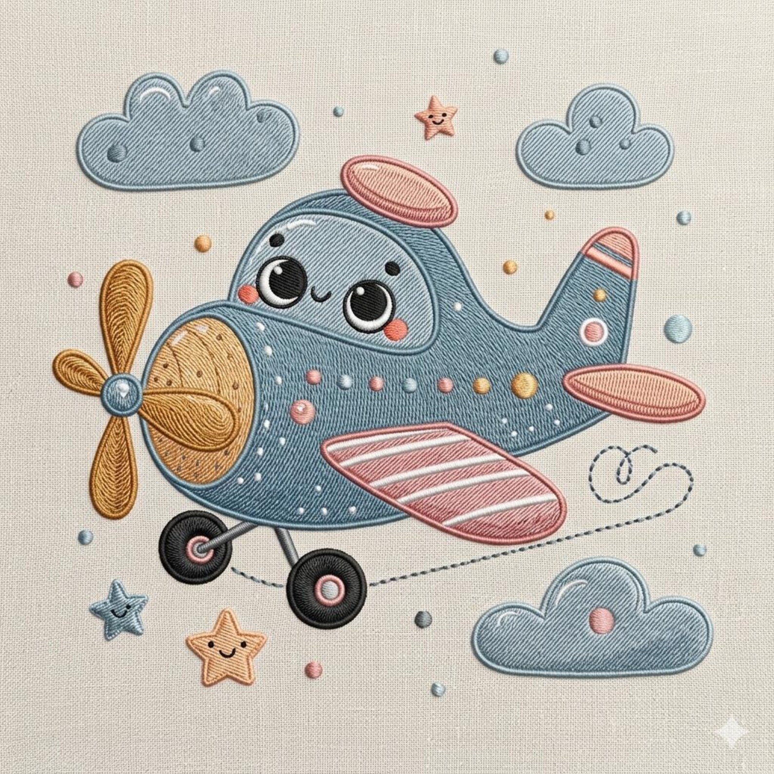 Cute Airplane Embroidery Design, Kawaii Plane With Clouds Stars, Baby ...