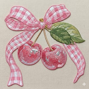 Cherry Bow Embroidery Design, Gingham Ribbon with Cherries, Cute Coquette Fruit Embroidery File , 5 Size, Instant Download