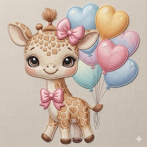 Op de afbeelding: Een schattige cartoon giraffe met een lichtbruine en bruingevlekte vacht, versierd met roze strikken. De giraffe houdt een boeket hartvormige ballonnen in pastelkleuren vast. De afbeelding heeft een zacht, getextureerd uiterlijk, wat duidt op een borduurwerk of stof.