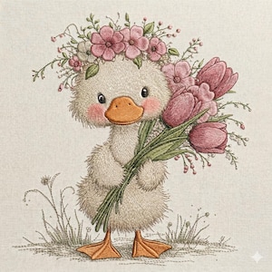 Diseño de bordado de pato adorable con flores, pato floral sosteniendo tulipanes, archivo de bordado de animales para el Día de la Madre, 5 tamaños, descarga instantánea.