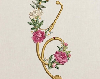 May include: Embroidered gold stethoscope design adorned with pink peonies, white daisies, and green leaves. A small red ladybug rests on the stethoscope. The medical-themed design is set against a cream-colored background.