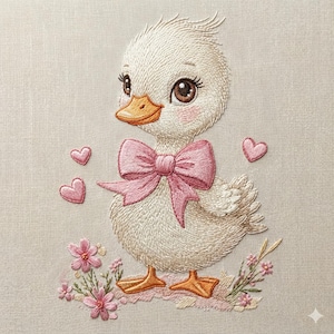 May include: Embroidered image of a white duckling with a pink bow, blush cheeks, and brown eyes. Pink hearts and flowers surround the duckling, creating a whimsical design. The embroidery is on a beige fabric.