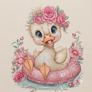 May include: An embroidered design featuring a fluffy light brown duckling with large blue eyes, wearing a crown of pink roses. The duckling sits inside a pink inflatable pool ring, surrounded by pink flowers and green leaves on a beige fabric.