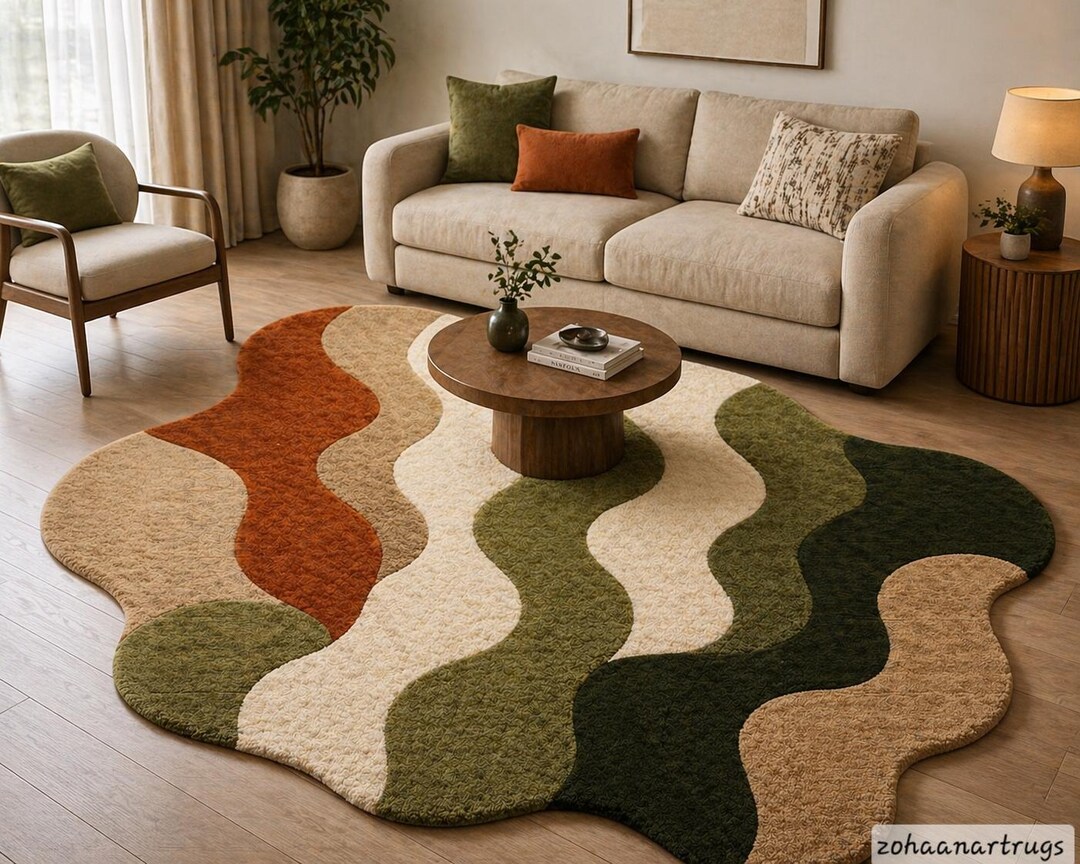 Abstract Tufted Rug, Modern Wavy Area Rug, Handmade Wool Carpet ...