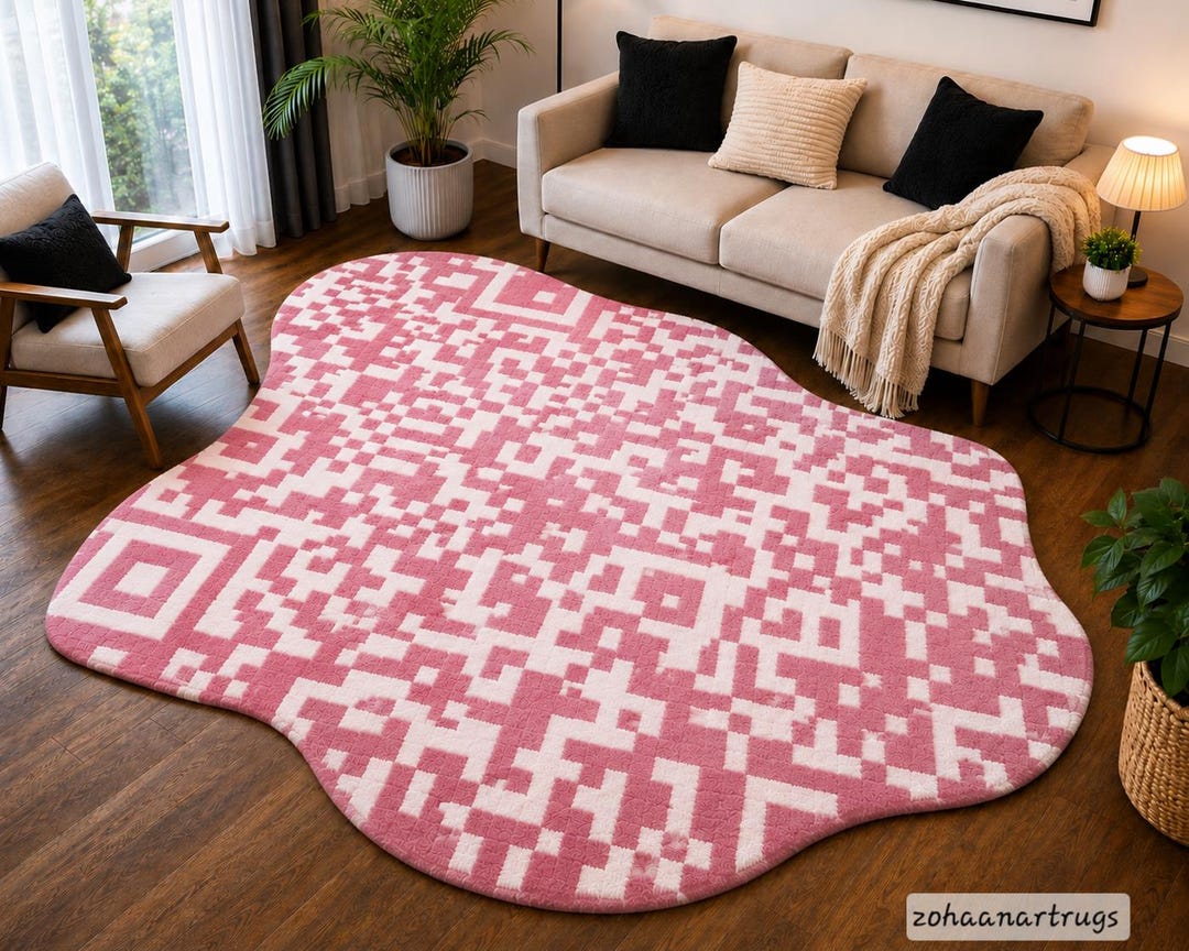 Qr Code Rug Pink QR Code Irregular Shaped Rug | Pixel Art Y2K Funky Area Rug ...