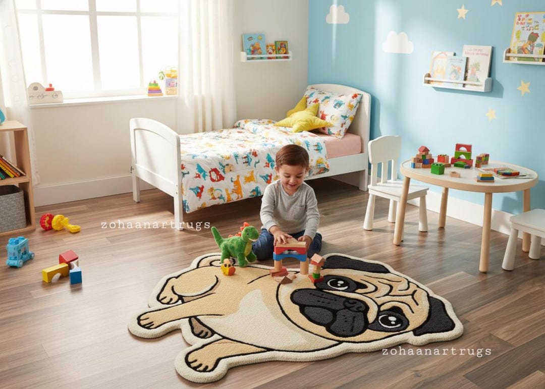 Handmade Pug Dog Rug | Nursery Playroom Carpet 