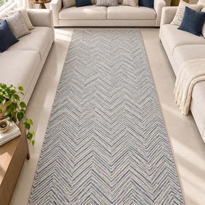 May include: A rectangular area rug featuring a repeating chevron pattern in shades of blue, gray, and cream. The design consists of alternating thin lines that create a textured, zigzag visual effect across the entire surface of the floor covering.