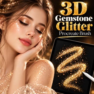 Puede incluir: Una ilustración digital de un pincel Procreate 3D Gemstone Glitter que muestra una pantalla de tableta con un trazo de purpurina dorada. El texto 3D Gemstone Glitter Procreate Brush es visible en letras blancas y doradas sobre un fondo oscuro.