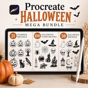 May include: A digital tablet screen displays a Procreate Halloween Mega Bundle with text and illustrations. It features 21 pumpkin brushes, 100 Halloween stamp brushes, and 58 Halloween brushes, showcasing ghosts, bats, skulls, and cats.