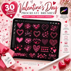 May include: A digital tablet displaying 30 Valentine's Day Procreate brushes featuring various heart and love-themed designs in pink and red. The screen shows a grid of brush strokes on a black background, accompanied by a stylus and gift box.