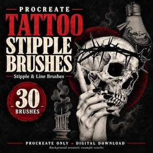 May include: Digital Procreate tattoo stipple brushes set featuring 30 brushes. The graphic displays text reading Procreate Tattoo Stipple Brushes, 30 Brushes, Procreate Only, Digital Download, and Background artwork: example results with a skull.