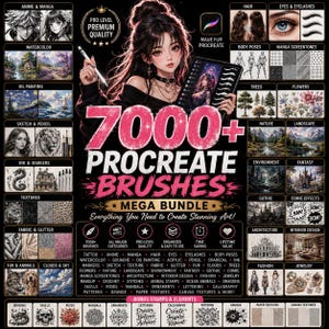 以下が含まれることがあります： 7000種類以上のProcreateブラシメガバンドルのデジタル広告。スタイラスペンとタブレットを持つアニメスタイルのキャラクターが描かれ、アニメ、水彩、油絵、テクスチャ、自然などのブラシカテゴリーのサムネイルが周囲に配置されています。テキストには「7000+ Procreate Brushes Mega Bundle」および「Everything You Need to Create Stunning Art」と記載されています。
