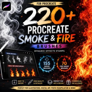 Puede incluir: Un conjunto de pinceles digitales para Procreate con más de 220 efectos de humo y fuego. La imagen muestra humo blanco a la izquierda y llamas naranjas a la derecha, con el texto 220+ PROCREATE SMOKE & FIRE BRUSHES, 155 SMOKE BRUSHES y 70 FIRE SMOKE BRUSHES.