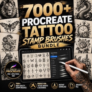 7000+ Procreate tatueringsstämpelpenslar, tatueringsflashpaket, ros, dödskalle, drake, tribaldesigner, omedelbar nedladdning