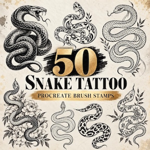 Puede incluir: Una colección digital de 50 sellos de pincel Procreate para tatuajes de serpientes, con varias ilustraciones en blanco y negro de serpientes, algunas enroscadas, otras con patrones florales y otras con diseños moteados sobre un fondo texturizado.