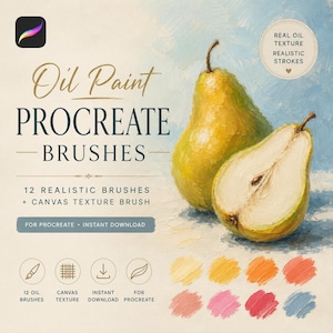 Op de afbeelding: Digitale olieverf Procreate penseelset met een illustratie van een hele en een gehalveerde peer. De tekst bevat Oil Paint PROCREATE BRUSHES, 12 REALISTIC BRUSHES + CANVAS TEXTURE BRUSH, REAL OIL TEXTURE REALISTIC STROKES en kleurstaaltjes.