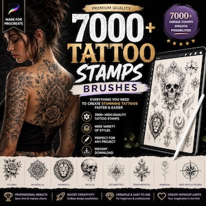 7000+ Procreate Tattoo Stamp Brushes Bundle, Tattoo Flash Pack, Rose, Skull, Dragon, Tribal Designs, Instant Download