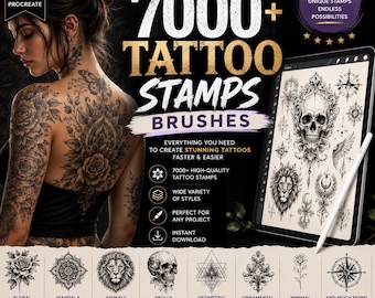 7000+ Procreate Tattoo Stempel, Tattoo Flash Pack, Rose, Schädel, Drache, Tribal Designs, Instant Download