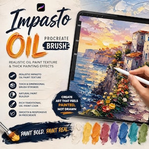 Może przedstawiać: Tablet cyfrowy wyświetlający obraz olejny przedstawiający nadmorską wioskę z grubymi teksturami impasto. Tekst brzmi Impasto Oil Procreate Brush, Realistic Oil Paint Texture, Thick Painting Effects oraz Paint Bold. Paint Real. Zawiera próbki farb.