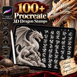 Puede incluir: Una tableta digital que muestra una colección de más de 100 sellos 3D de dragones para Procreate, con una gran ilustración detallada de un dragón, un lápiz óptico blanco y textos que incluyen 100+ Procreate 3D Dragon Stamps y Detailed Realistic Unique Designs.