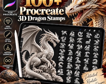May include: A digital tablet displaying a collection of 100+ Procreate 3D dragon stamps, featuring a large detailed dragon illustration on the screen, a white stylus, and text overlays including 100+ Procreate 3D Dragon Stamps and Detailed Realistic Unique Designs.