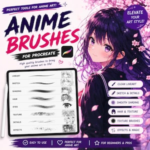 May include: A digital display showing a list of anime brushes for Procreate, including lineart, sketch, shading, hair, eyes, texture, details, and effects. The screen features an anime character with purple hair and text including Anime Brushes.