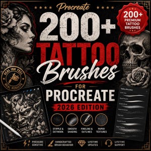 May include: A digital collection of 200+ premium tattoo brushes for Procreate 2026 edition. The graphic features a woman's portrait, a skull, a rose, and a demon mask illustration. It includes a brush menu list and icons for stipple, shading, and texture.