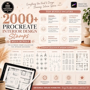 2000 Procreate Interior Design Briefmarken Mega Bundle | Grundrisse & Möbelpinsel | Paket mit 2 verschiedenen Designs