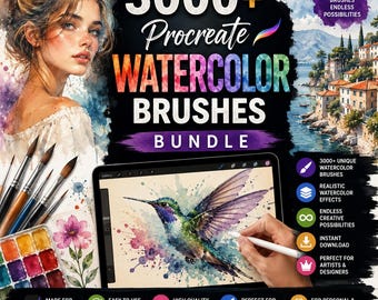 Mais de 3000 pincéis de aquarela para Procreate | Conjunto de pincéis de aquarela para Procreate | Pincéis para pintura no iPad | Download digital