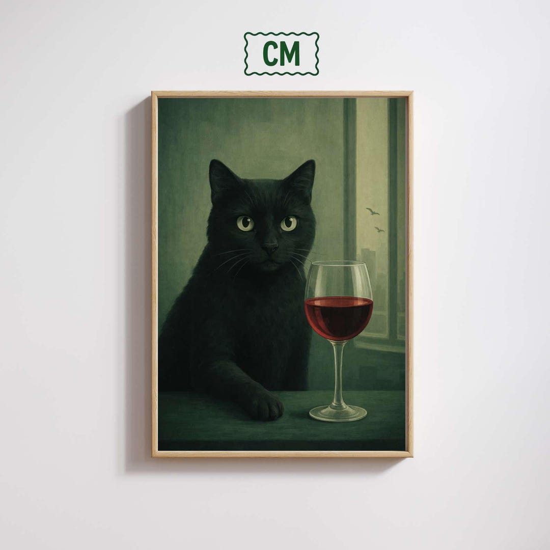 Black Cat Wine Print | Funny Animal Poster | Minimal Portrait Art ...