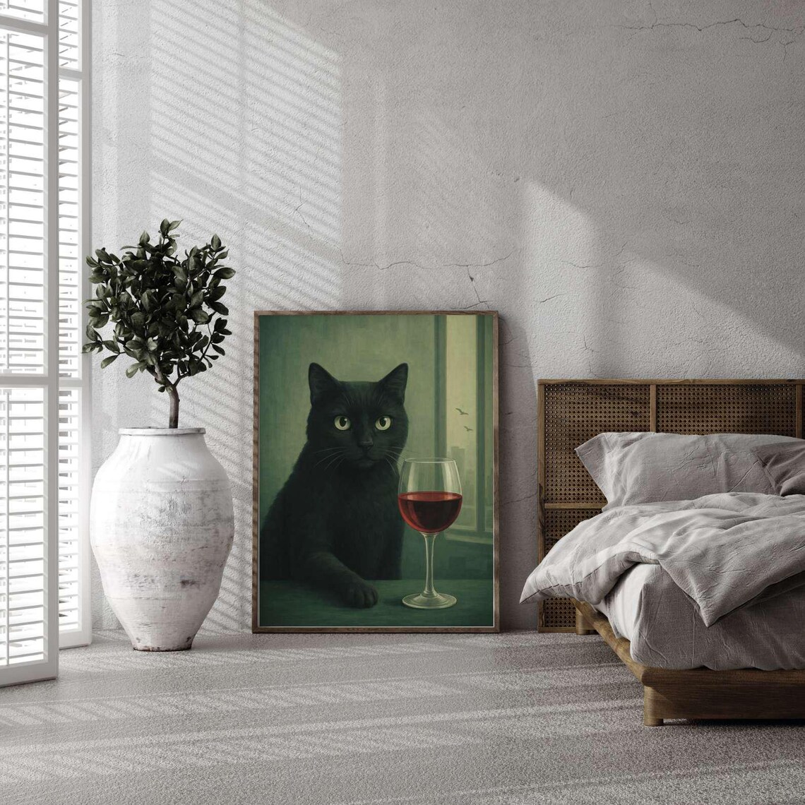 Black Cat Wine Print | Funny Animal Poster | Minimal Portrait Art ...