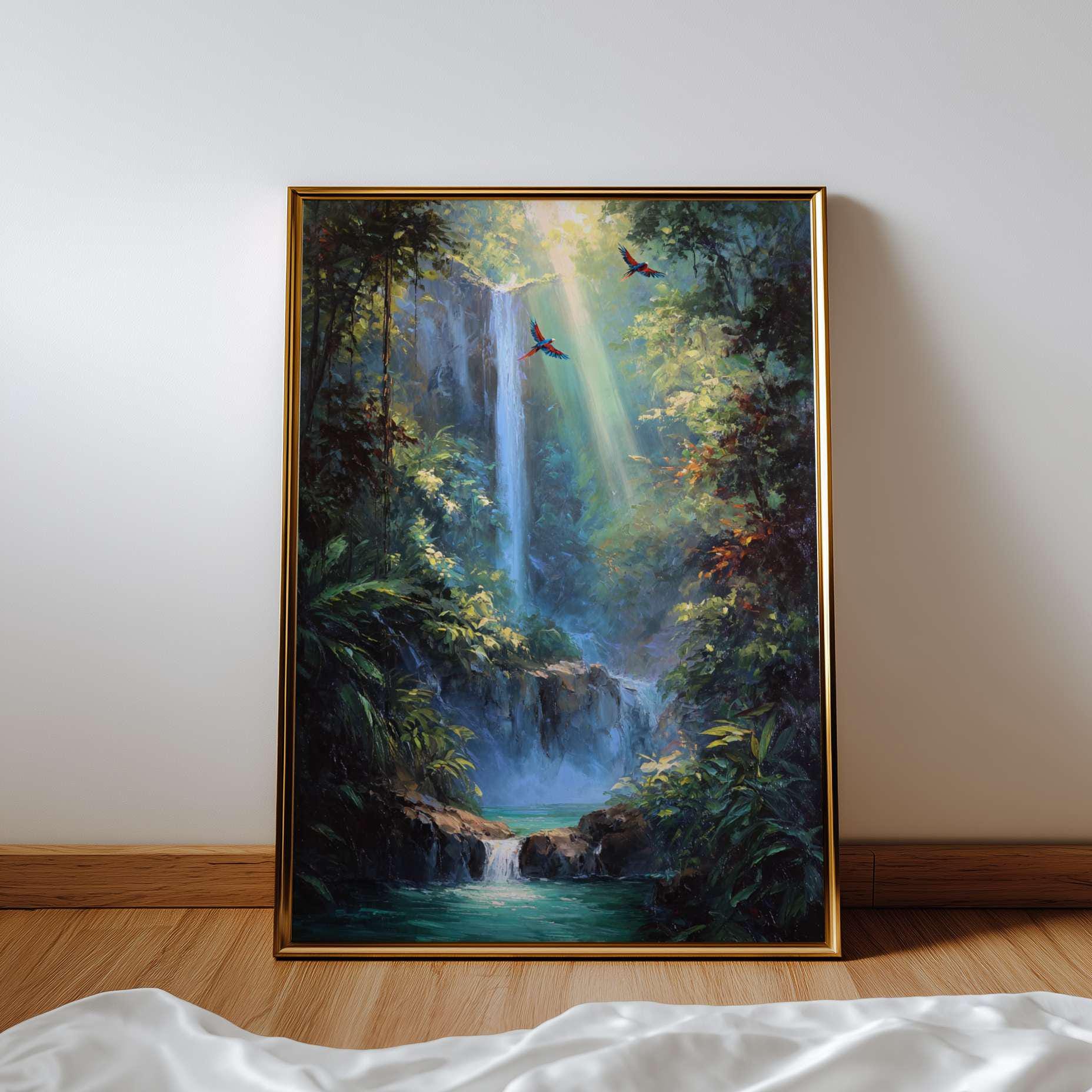 Tropical Waterfall Wall Art Print | Jungle Landscape Poster | Parrots ...